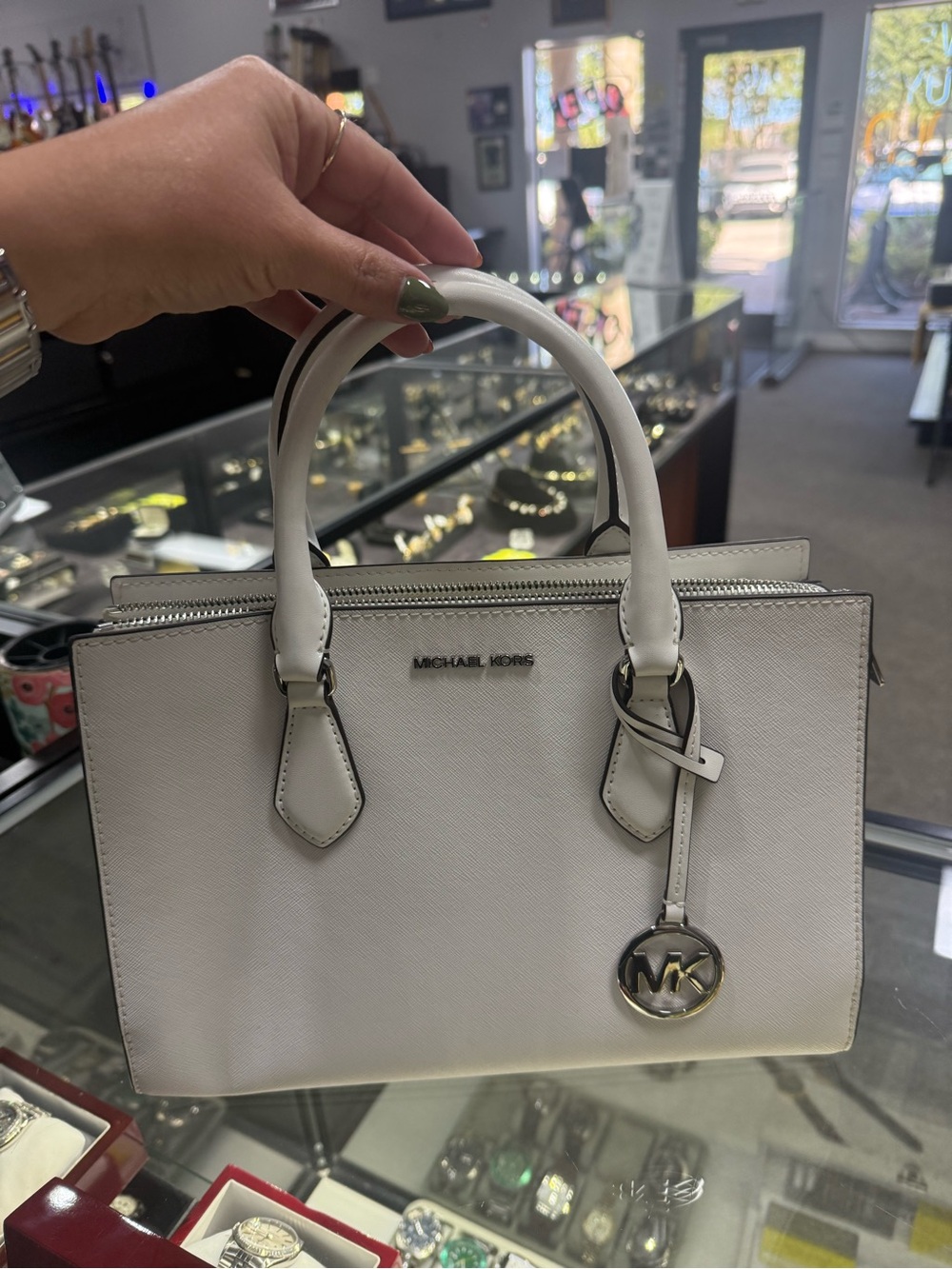 Michael Kors White Saffiano Leather Satchel with MK Charm